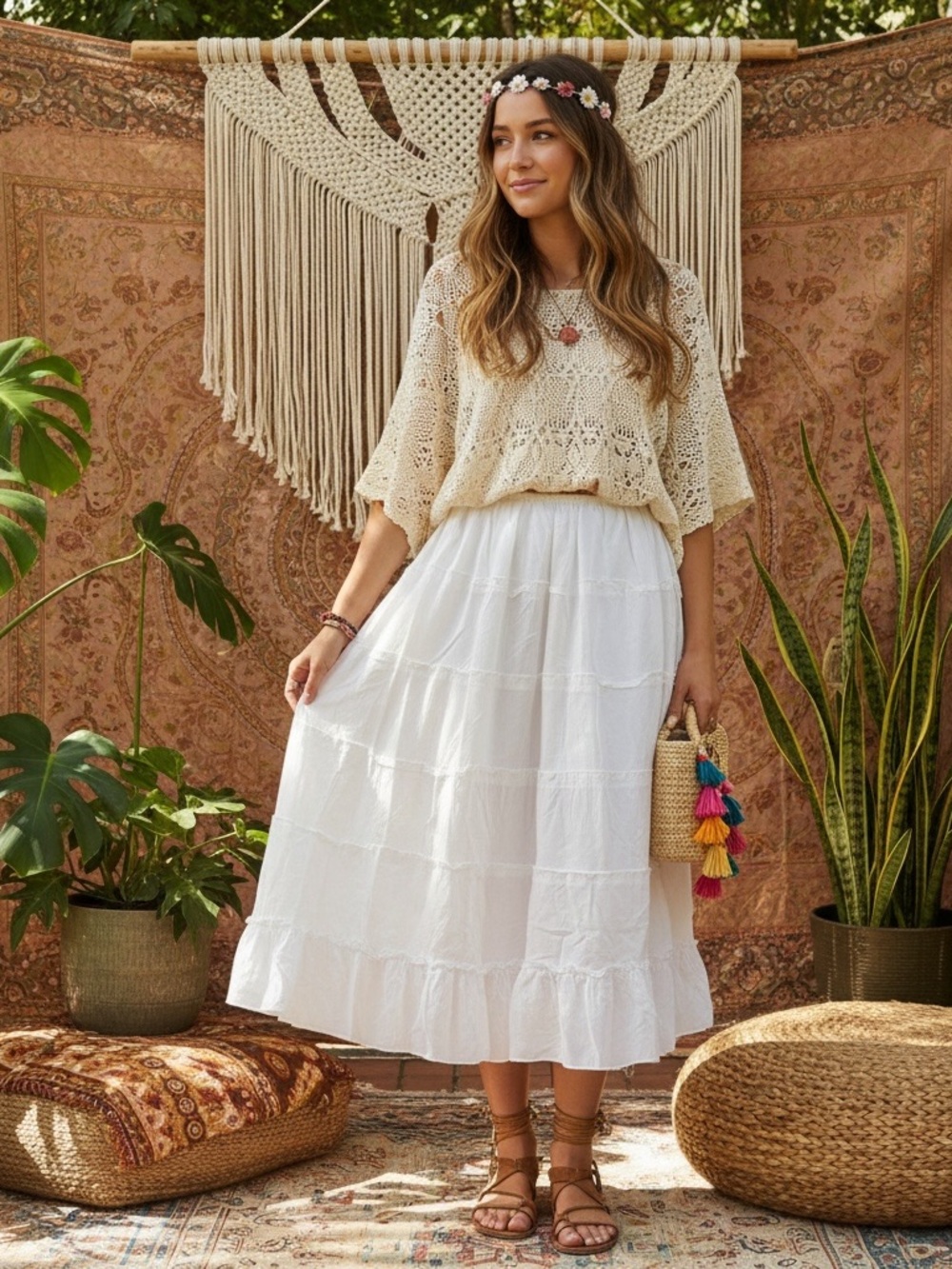 Cotton White Tiered Midi Skirt